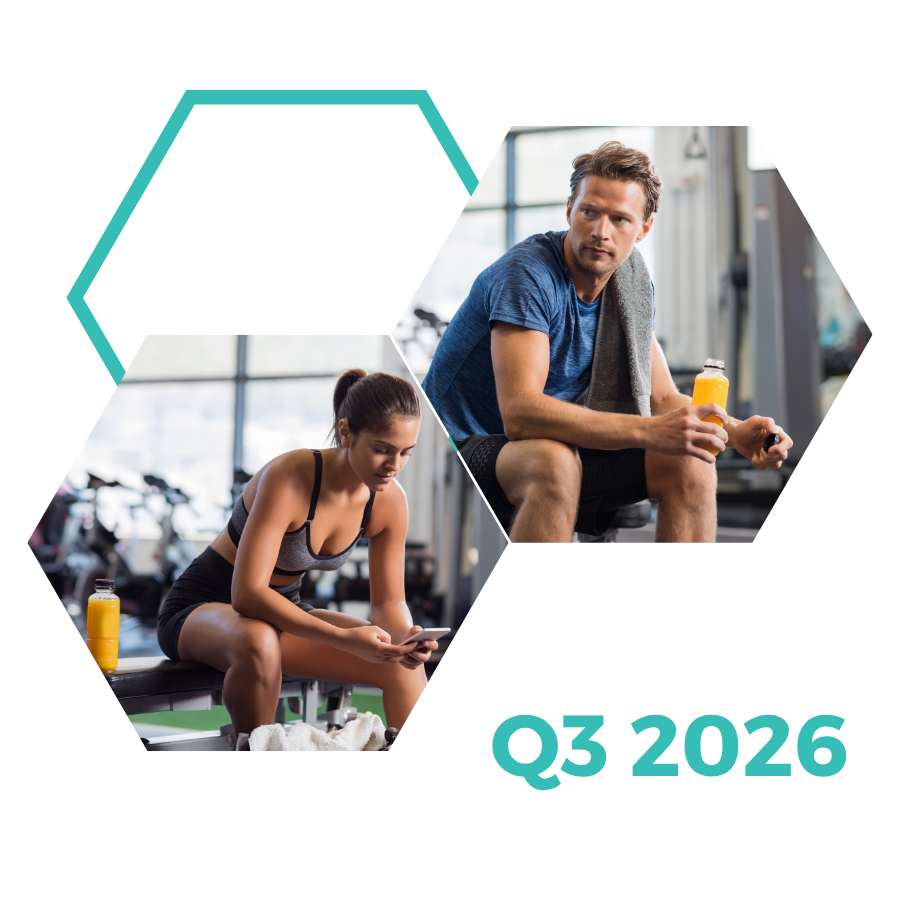 A man and woman in workout gear each hold a bottle of post-workout drink in a hexagon-framed gym photo collage.
