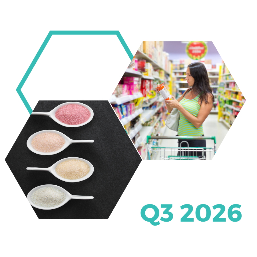 Brightfield Group Q3 2026 trend snapshot cover. A woman compares a product label in a grocery aisle beside a row of colored sugar substitute samples on spoons.