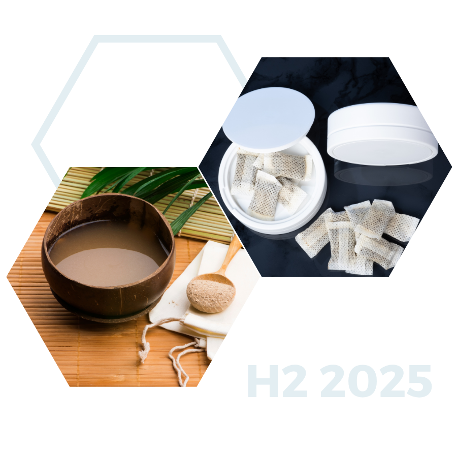 Nicotine pouches in an open tin beside a kava bowl and powder in hexagon frames, signaling a shift to alternatives. H2 2025